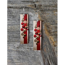 Twisted R Design Red and Gold Ornaments Christmas Dangle Wood Bar Printed Earrings Jewelry