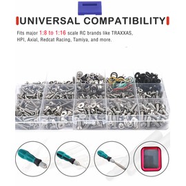HOPLEX 710pcs 304 Stainless Steel RC Screw Kit & Repair Tool Set – Flat/Round Head Screws, Nuts, Washers, Buckles & 8 Screwdrivers for TRAXXAS, HPI, Redcat, Axial 1/8 1/10 1/12 1/16 Scale RC Car