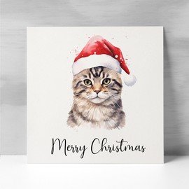 Postcard Prints - Fun Christmas Card of a Tabby Cat Wearing A Santa Hat Whimsical Watercolour Christmas Card For Animal Lover For Him or Her