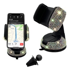 Wevdn Phone Holder for Car, 360° Rotatable Sparkling Diamond Phone Mount with Suction Cup Base, Rhinestone Phone Holder for Dashboard Air Vent Windshield, Universal Car Accessories (Colorful)