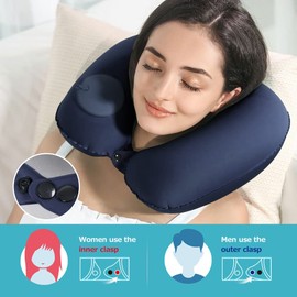 HINATAA Inflatable Travel Pillow, 2 Pieces Neck Pillow, Inflatable Neck Pillow, Aeroplane, Car U Shape Pillow, Office Neck Support Pillow with Pressing Inflation Pump/Bag/Eye Mask/Ear Plugs (Blue)