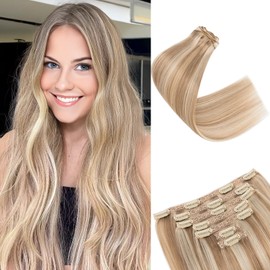 SEGO Clip in Hair Extensions Real Human Hair 10 Inch 12P613 Flax Yellow mixed Light Gold 85g 7PCS 16 Clips Real Human Hair Extensions Clip ins Real Human Remy Hair Lace Clip In Hair Extensions