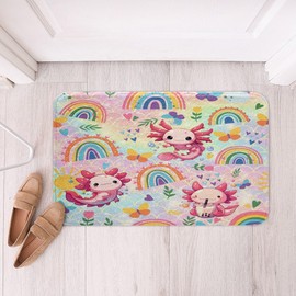 Feelyou Cute Axolotl Non Slip Bath Mat Cartoon Salamander Polyester Bath Rug for Kids Boys Girls Rainbow and Butterflies Soft Fleece Door Carpet Ombre Bathroom Floor Indoor Doormat,20X32 Inch