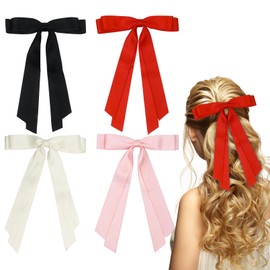 4 Pack Satin Hair Bows Hair Clips Hair Ribbons for Women, Bow Hair Clips Hair Bows Large Hair Barrettes for Women Girls(Black, Red, Beige, Pink)