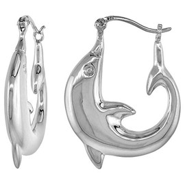 Sterling Silver Medium Dolphin Hoop Earrings for Women Click Top High Polished 1 1/8 inch
