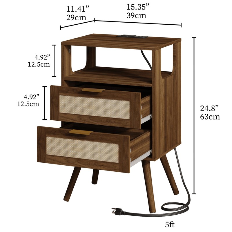 JOONEE Rattan Nightstand with Charging Station,Farmhouse Bedside Table with 2