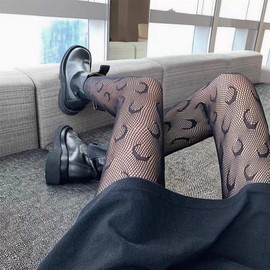 HeiBai Xiong Women's Patterned Tights Fishnet Moon Stockings Sexy Pantyhose Goth Sheer Leggings For Party Y2K