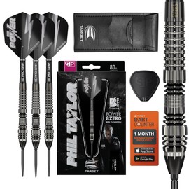 Target Darts Phil Taylor Power 8-Zero 4 Black Steel Tip Swiss Point Dart Set with 80% Tungsten, P8Z4, 21G | Player Edition Darts with Swiss Points, SP Tool, Includes Black Dart Case