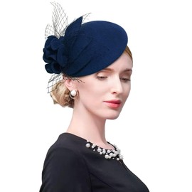 ELLYDOOR Wool Fascinator Pillbox Hat Winter British Wool Felt Hat for Women Wedding Church Hat Flower Fedoras Dark Blue