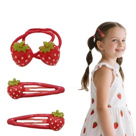 4Pcs Strawberry Red Metal Snap Hair Clips and Hair Ties Set for Baby Girls,Sweet Fruit Hair-Barrettes Hairpins Cute Strawberry HairAccessories for Little Girls Toddlers Kids and Teens Gifts
