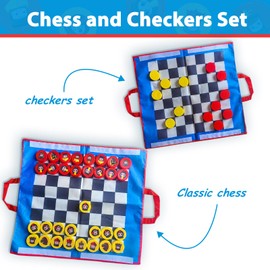 Gocasmus 2-in-1 Chess and Checkers Set for Kids - Beginner Chess Set, Foldable Travel Board Game No Stress Learning Chess with Storage Pouch Children Gift
