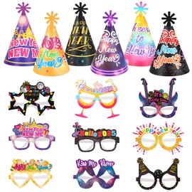 HOWAF New Years Eve Party Supplies-30pcs colorful Happy New Year Cone Hats and Eyeglasses for 2025 Happy New Year Party Decoration Favors, 2025 NYE Decorations Kit for Kids Adults Photo Props