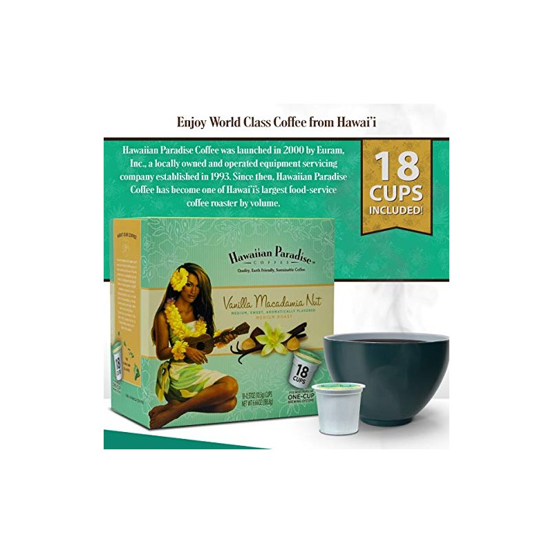 Hawaiian Paradise Coffee Vanilla Macadamia Nut Single Serve Cups 18