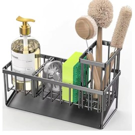 DACUAN Sponge Holder for Kitchen Caddy Sink Organizer, Multifunctional Rustproof Dish Soap Sponge Caddy for Kitchen Sink with Detachable Brush Holder & 45-Degree Sloped Drip Tray, Removable Divider