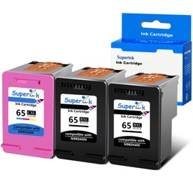 SuperInk 3PK Remanufactured Ink N9K04AN N9K03AN Compatible for HP 65 65XL Ink Cartridges Deskjet 2622 3752 2655 3755 3730 Envy 5052 5055 5058 Printer High Page Yield, Show Ink Level (2 Black+1 Color)