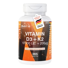 Nutrifair Vitamin D3 + K2, 365 Tablets, Swallow-friendly, 10,000 IU + 200μg, High Dose, German Production & Laboratory Test