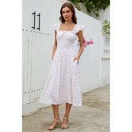 ZTMZA Women's 2025 Summer Flowy Maxi Dresses Casual Ruffle Sleeve Square Neck Smocked Waist Beach Vacation A Line Long Dress White Floral, Large