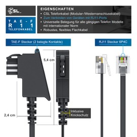CSL 15 m Telephone Cable TAE-F Male to RJ11 Male Int. Standard 6P4C / 4-Pin Connected Flat Cable from Analogue Telephone Socket to Telephone Fax Modem Router Answering Machine 15 m Black