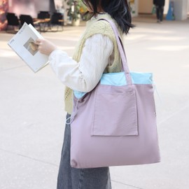 GODWOODS Foldable Women's Tote Bag with Adjustable Drawstring - Lightweight Reusable Shopping Bag (17" x 17", 0.29lbs), Multi-Pocket Organiser in Pastel Pink, Purple, Mint & Dark (Light Purple)