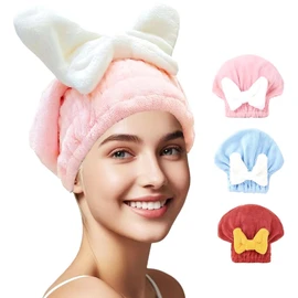 Meichoon Hair Towel 3-Pack Quick-Dry Microfiber Hair Drying Towels with Bow Design Cap Shape Elastic Band for Soft Frizz-Free Hair DK60 A