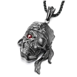 COOLSTEELANDBEYOND - Collar con colgante de calavera pirata vikinga de acero gris y negro con circonita cúbica roja cadena de trigo de 30 pulgadas, Piedra Acero inoxidable, Circonia cúbica