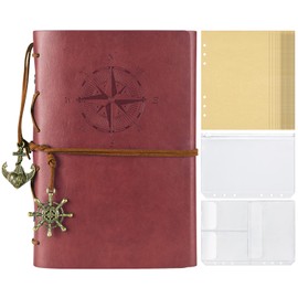 Leather Notebook, Vintage Sketchbook, Refillable Journal, Blank Pages, Folder Pockets, Travel Journal Gifts for Adults, Girls, Boys, A5, Red