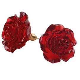 925 Silver rose earrings, beautiful blooming carved Red flowers small resin for female teen mother