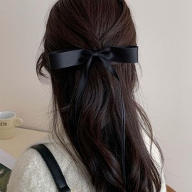 TseanYi Bow Satin Hair Clip Black Ribbon Bow Hairclips Long Tassel Tail Bow Knot Clips Big Bow Ties Tail Barrette Bridal Satin Ribbon Barrette Winter Ribbon Bow Accessories