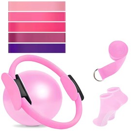 OUARTV 9 en 1 Pilates Kit, Kit de Pilates con Pelota Yoga 9.84in,Aro Pilates 13in, 5 Bandas de Resistencia, Equipo de Pilates para Entrenamientos en C