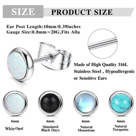 JeweBella 4 Pairs Moonstone Opal Turquoise Small Stud Earrings Set Surgical Steel for Women Girls Children Hypoallergenic Round Gemstone Stud Earrings Blue Black Moonstone Opal Turquoise Earrings Set
