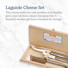 Jean Dubost Laguiole 3-Piece Cheese Knife Set, Stainless Steel Handles - Rust-Resistant Stainless Steel - Includes Wooden Box - Made in France