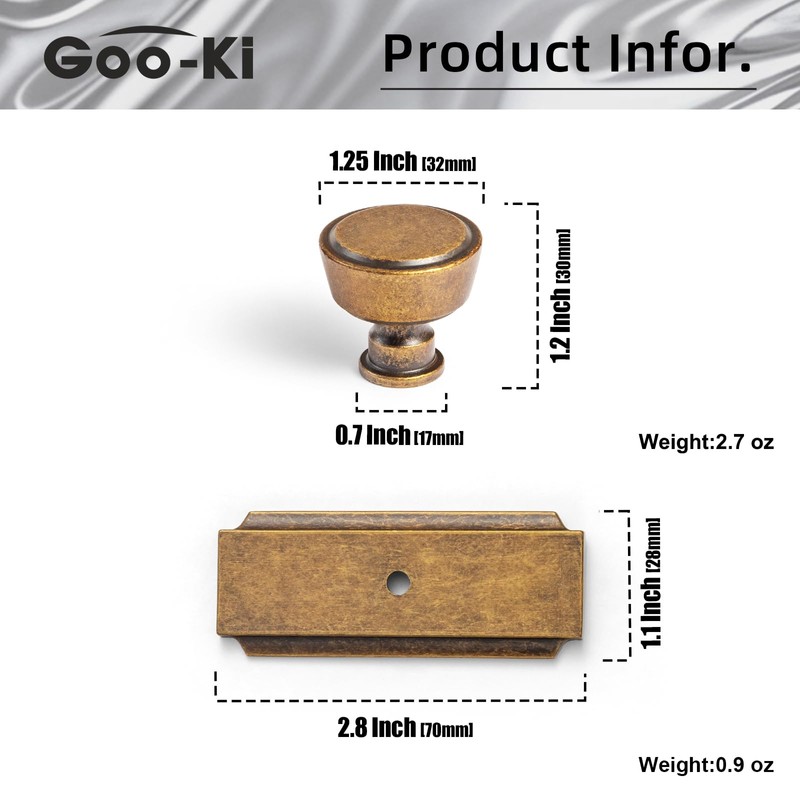 Goo-Ki 6 Pack Antique Brass Drawer Knobs with Backplate Zinc