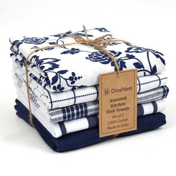 DineNest Assorted Kitchen Dish Towels 100% Cotton 16x26 Inch Set