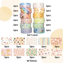 QFEHTHSK 12 Rolls of Gift Ribbon, 50 Sheets of Diary Material Paper, Gift Decorative Tape, Masking Tape, Coloured Washi Tape, Floral Decorative Tape, DIY Journal Tape