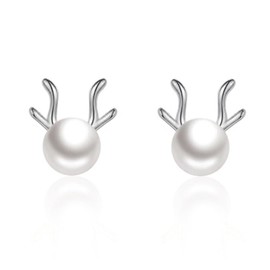 Stud Earrings Silver 925 Reindeer Earrings Small Pearl Stud Earrings for Women Girls Christmas Elk Earrings, Cubic Zirconia