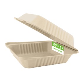 Responsible Products 9 inch Hinged Containers, Tree-Less™ Compostable Molded Fiber Takeout Containers, Extra Strength, Tree-Free and Made Without PFAS, Natural Brown (200 Count)