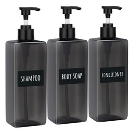 Segbeauty 16.9oz Shampoo Bottles Refillable Pump Bottle, 3pcs Shower Bottle Soap Dispenser with Labels, 500ml Gray Empty Plastic Square Shampoo Conditioner Dispenser, Body Wash Containers for Bathroom