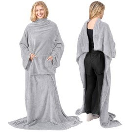 PAVILIA Light Grey Fleece Wearable Blanket with Sleeves for Adults Women Men, Soft Warm Full Body Wrap Throw, Sweatshirt Pocket, Cozy Pullover Robe Blanket with Arm, Gifts for Christmas Mom Wife