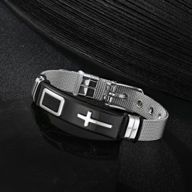 FATACI Holy Cross Bracelet for Men,Stainless Steel Black Vintage Chain Band Bangle Wrist Religious Christian Adjustable Bracelet Jewelry Gifts for Husband Dad Brother