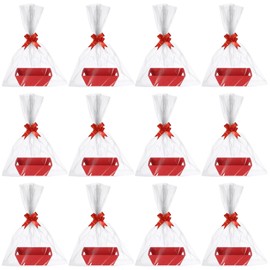 36 Pcs Empty Gift Basket Set , 12 Gift Baskets Empty To Fill - Sturdy Cardboard Tray With Handles, 12 Bags and 12 Red Bows for Holiday, Birthday, Valentines Day and Any Occasion, 9.8 x 6.7 x 3.5 in