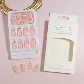 White French Tip Press on Nails Medium Almond Fake Nails 3D Gold Line False Nails with Design Nude Glue on Nails Artificial Acrylic Full Cover Glossy Stick on Nails for Women Manicure 24Pcs