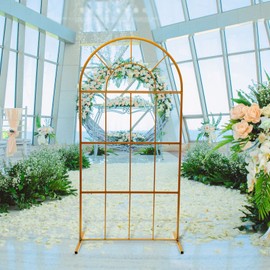 Wedding Arch Stand with mesh,Easy Assembly Wall Stand Arch Backdrop Iron Garden Climbing Plant Roses Arch Kit Metal Arbor Photo Booth Backdrop for Bridal Party Event Wedding (Gold Square Tube)