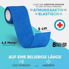Health Press Selbstklebender Verband - 8x Pflaster Rolle (5,0cm x 4,5m) - Original Health Press Verbandsmaterial - Elastische Bandage - Haftbandage selbstklebend Blau