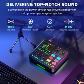 PUPGSIS Gaming Audio Mixer, Audio Interface for PC/Podcast/Streaming, Sound Board with 3.5mm/XLR Mic Input, 48V Phantom Power, Voice Changer, Live Sound Card with DJ Mixer Effects/Bluetooth/4 Channel