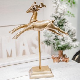 Antikas - Reindeer Figure, Jumping, Christmas Decoration, Aluminium, Gold Colour, Height 34.5 x W 26.5 cm