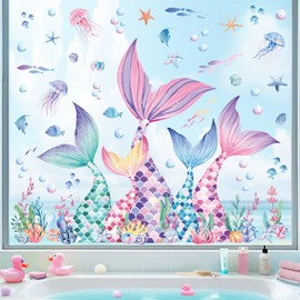 decalmile Mermaid Tail Window Clings Under The Sea Mermaid Bubble Seaweed Window Decals Anti-Collision Glass Window Doors Window Stickers
