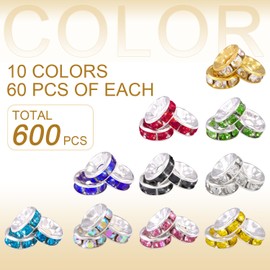 TINKRSTUFF 600 pcs 8mm Spacer Beads for Crafting, 10 Colors Rondelle Spacer Beads Box, Fancy Sparkle Crystal Rhinestone Spacer Loose Beads for Necklace Bracelet Earring Jewelry Making and Pens DIY Dec