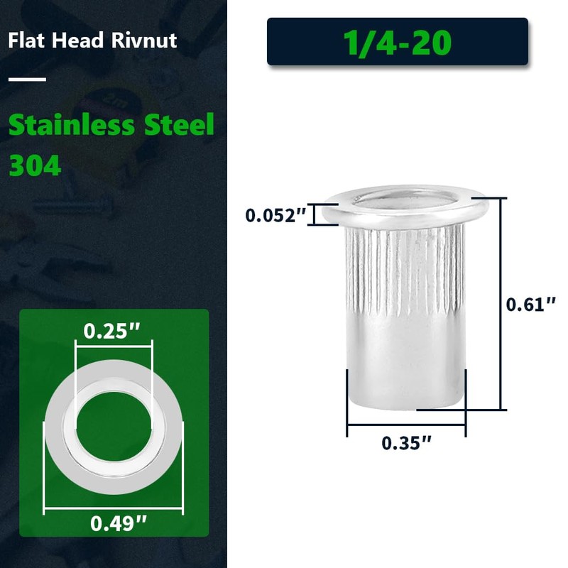 50-Pack 1/4-20 Stainless Steel Rivet Nuts with Knurled Body, 304