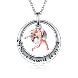 DAYLINLOVE Baseball Necklace Sterling Silver Baseball Player Round Pendant Necklace Sports Jewelry for Women
