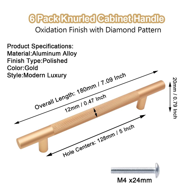 Cjueiom 6 Pack Gold Cupboard Handles - 128mm Hole Center